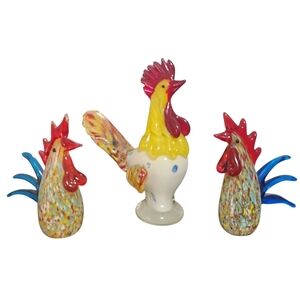 3 Hand Blown Confetti Glass Rooster Chicken Murano Style Large Heavy Hens